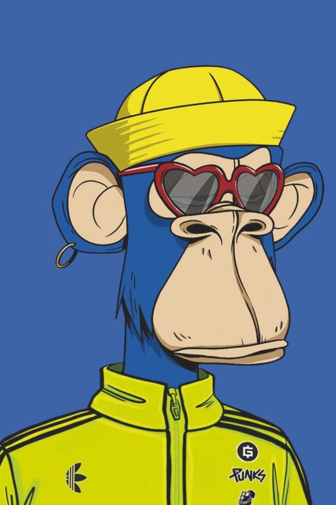 NFT depicting a blue ape wearing red heart sunglasses, a yellow Adidas jacket, and a yellow bucket hat