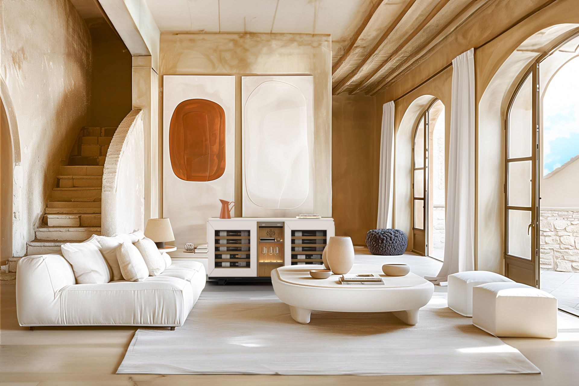 Large modern living room with cream sofas, a round cream coffee table, and a cream wine cabinet with gold shelves