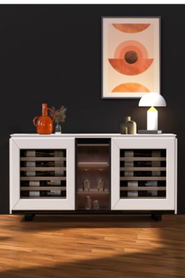 White wine cabinet in black living room with oak parquet flooring