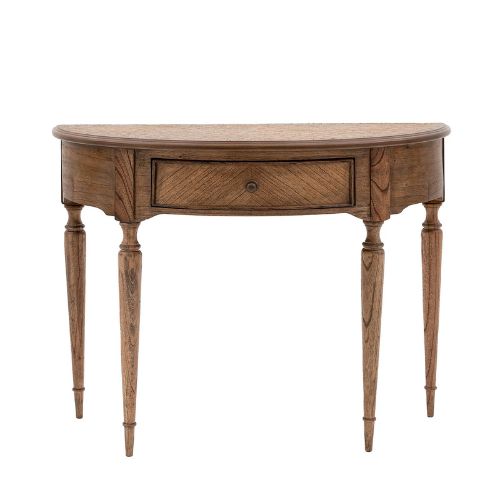 Semicircular console table in warm brown wood
