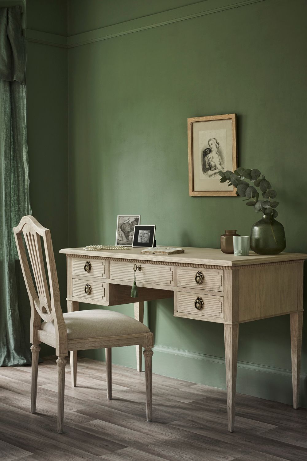 Forest green study with pale oak Gustavian-style desk and matching chair