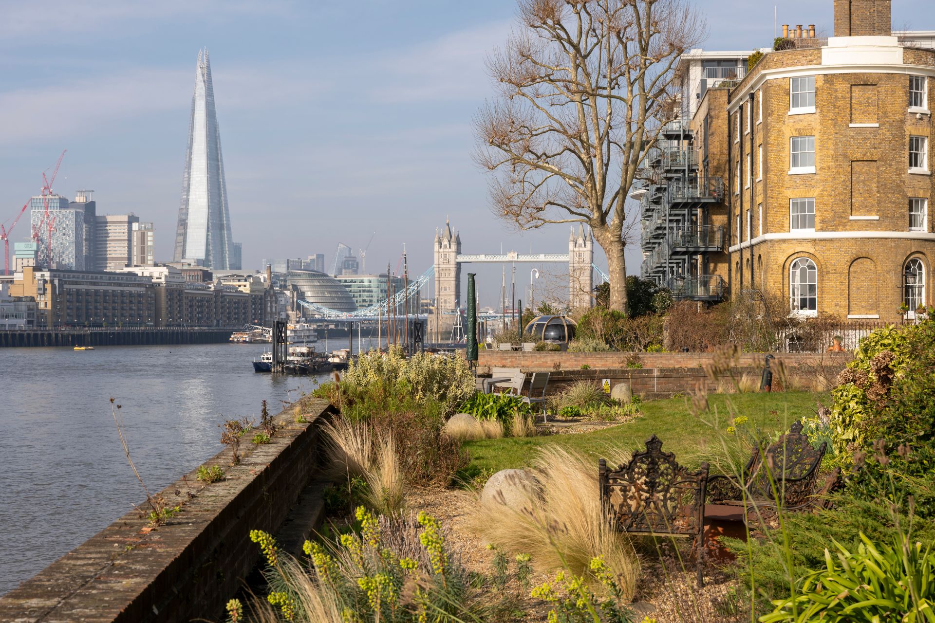 Riverside garden with a view of The Shard