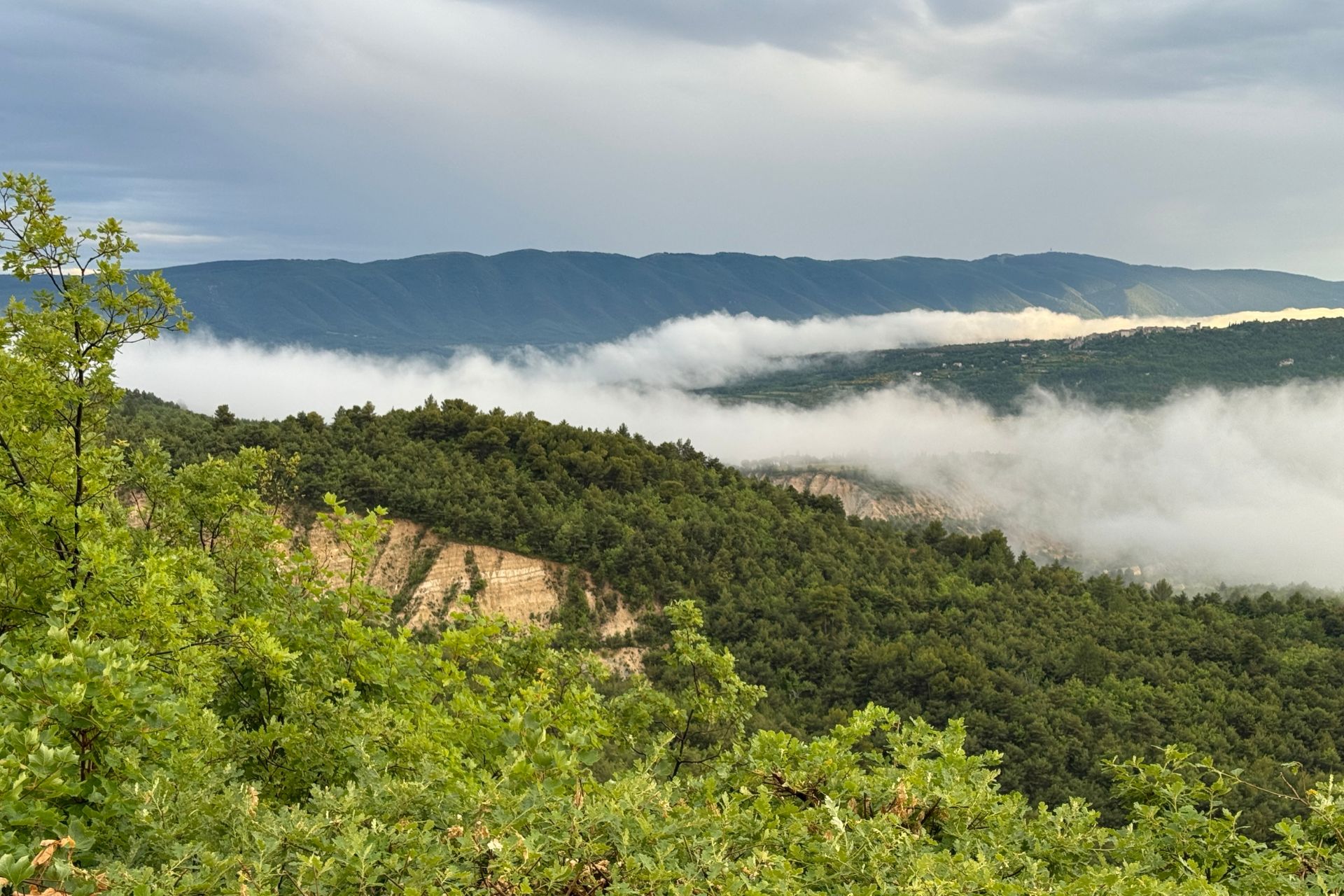 Views of clouds over a dense hillside in Provence