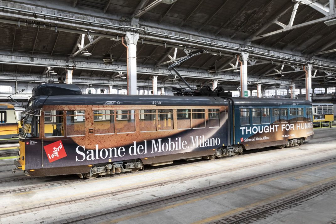 Milan tram decorated with the Salone del Mobile logo