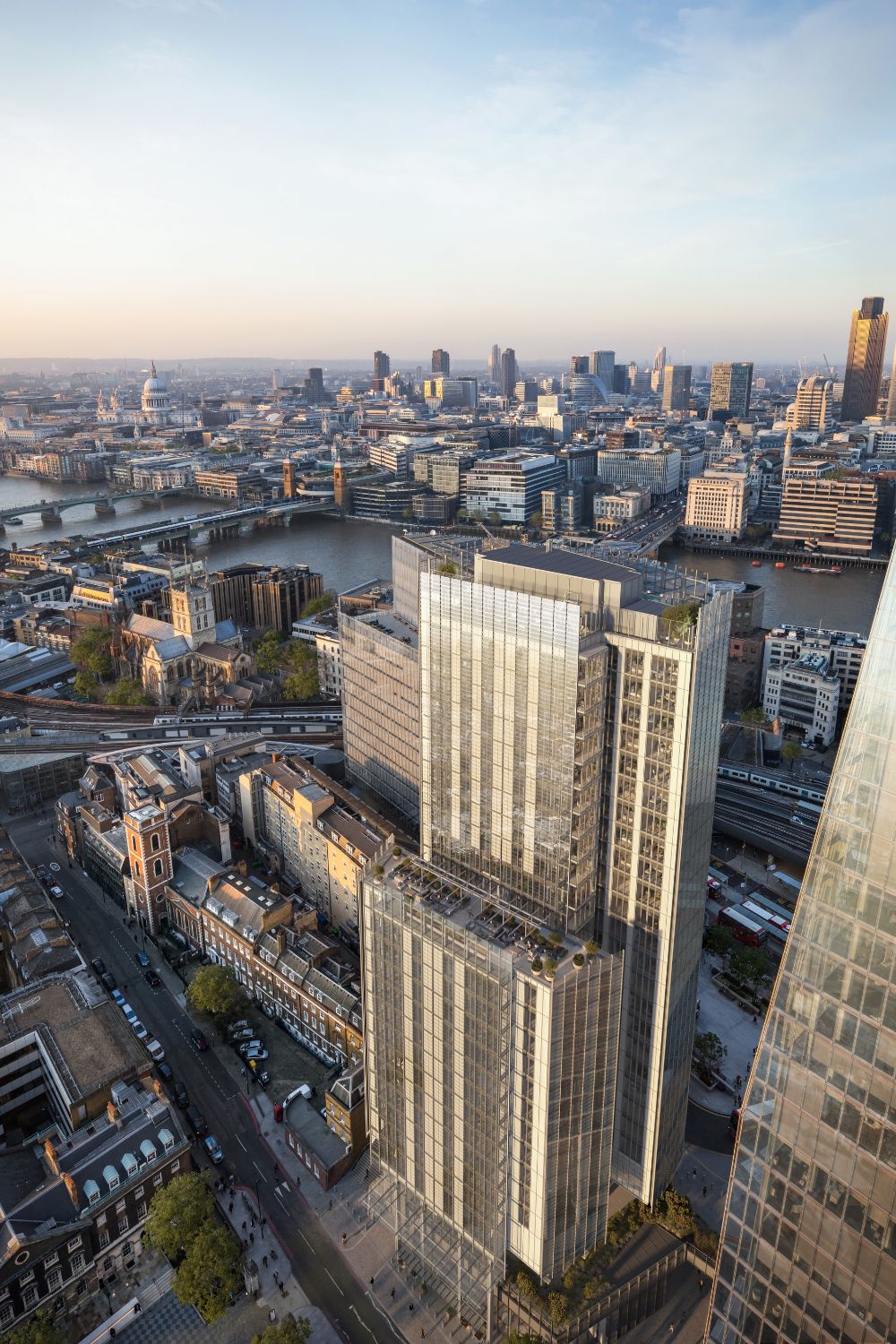 Aerial view of London apartment building next to The Shard