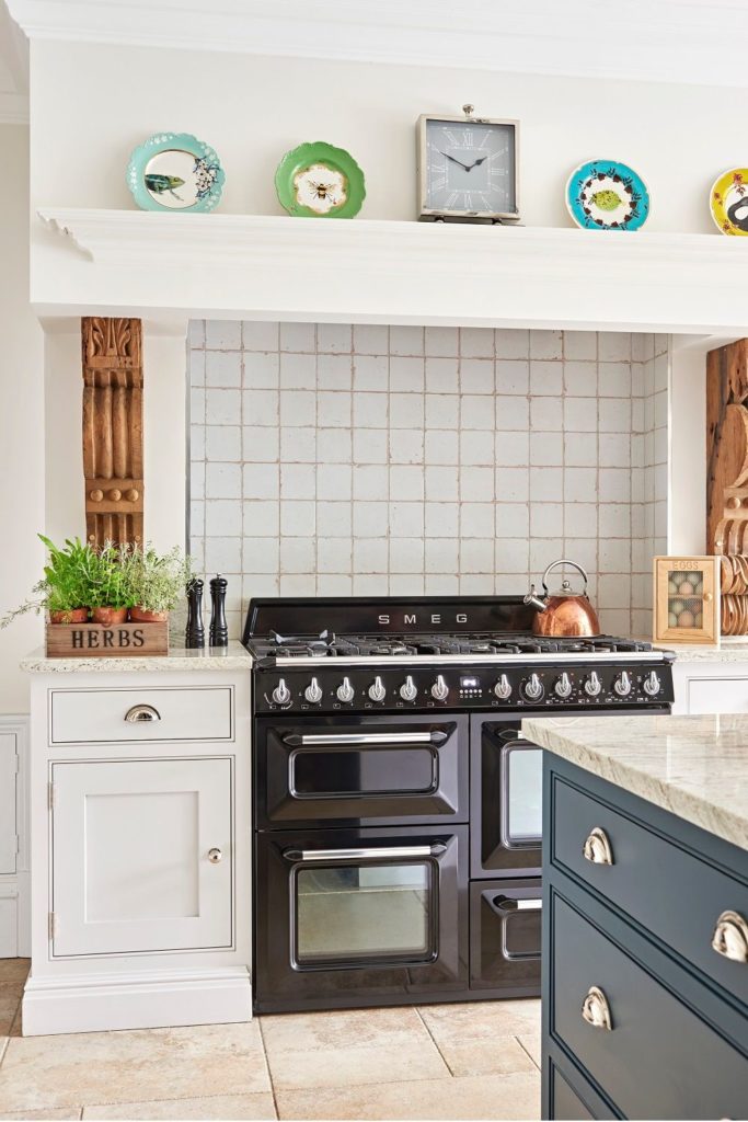 White Shaker kitchen with black range cooker and teal island