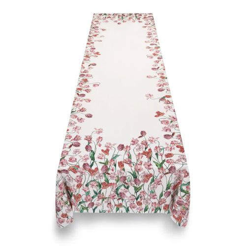 White linen tablecloth with pink tulip design on the edges