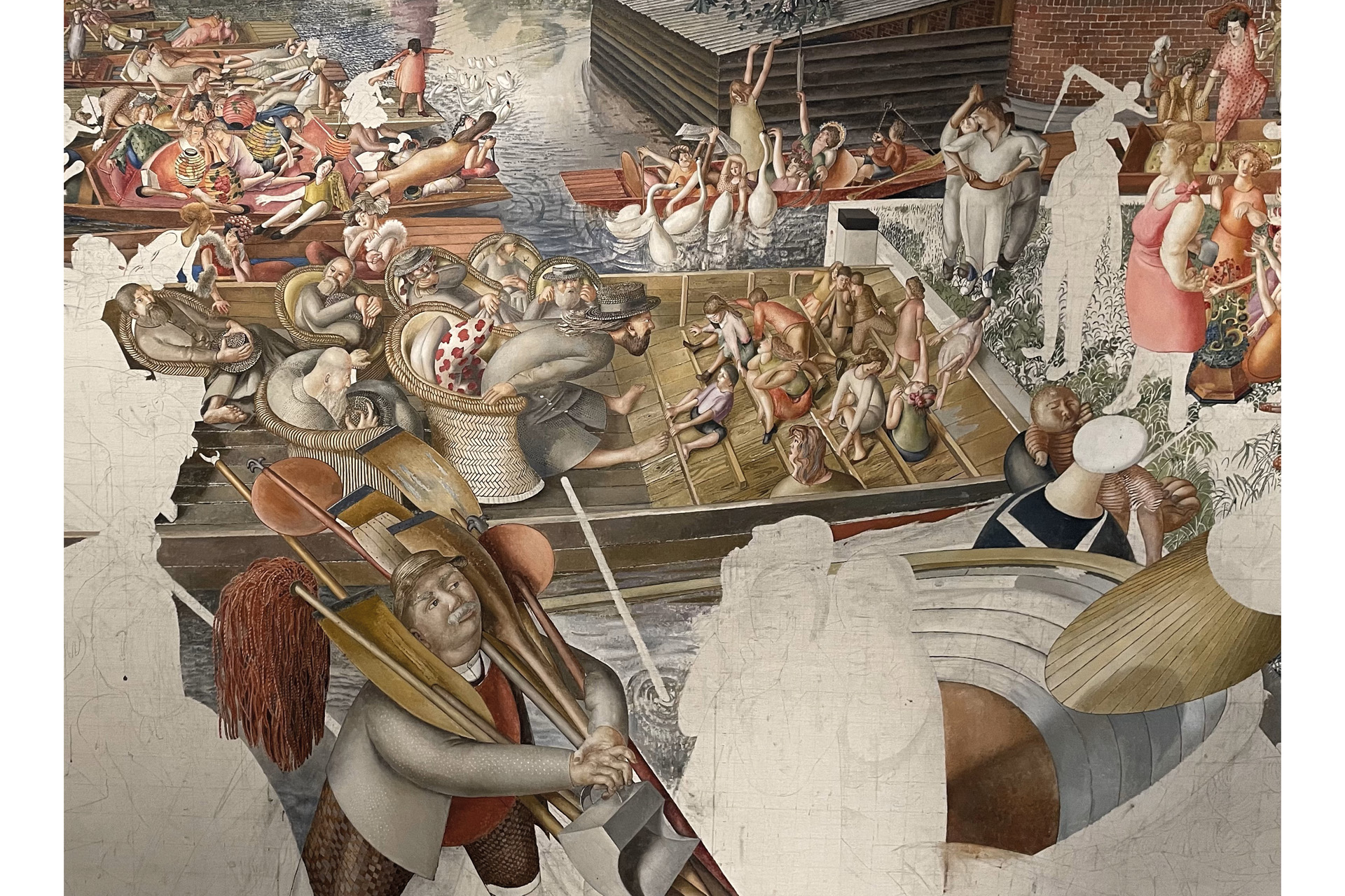 Detail from Stanley Spencer’s Christ Preaching at Cookham Regatta (1952-9), private collection, on long-term loan to the Stanley Spencer Gallery.