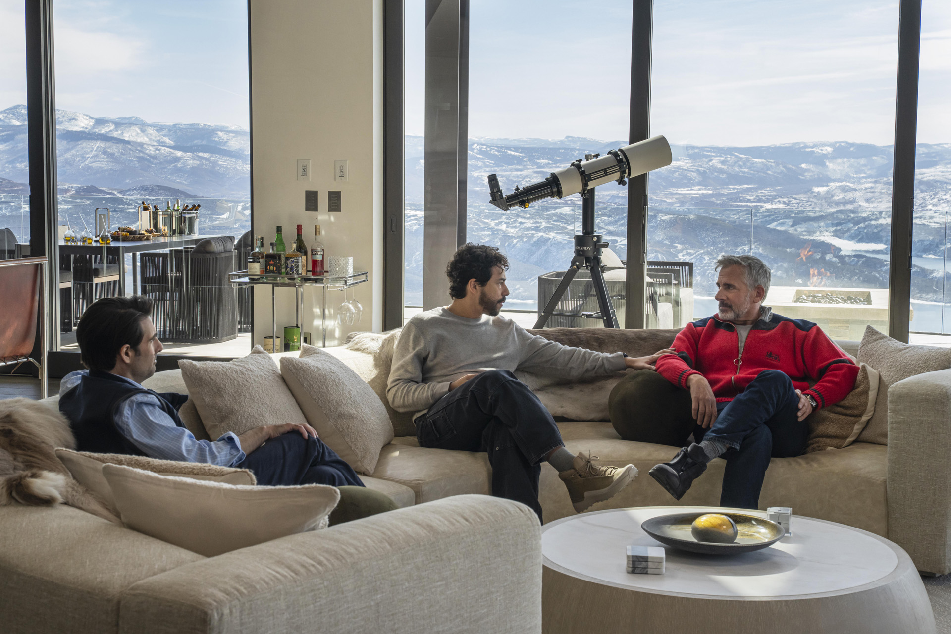 Steve Carell as Randall, Jason Schwartzman as Hugo Van Yalk & Ramy Youssef as Jeff in Mountainhead