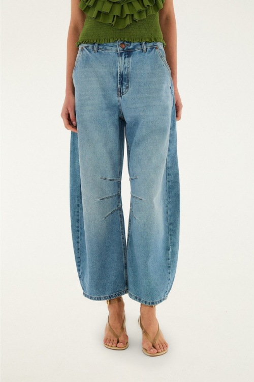 Close up of woman in barrel jeans
