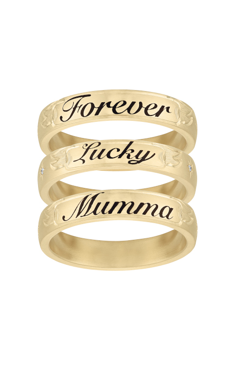 Three gold rings engraved with 'Forever'/'Lucky'/'Mama'