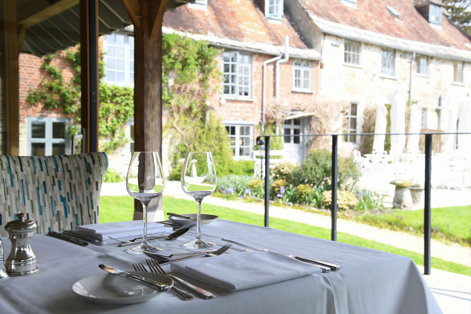 A restaurant with garden views