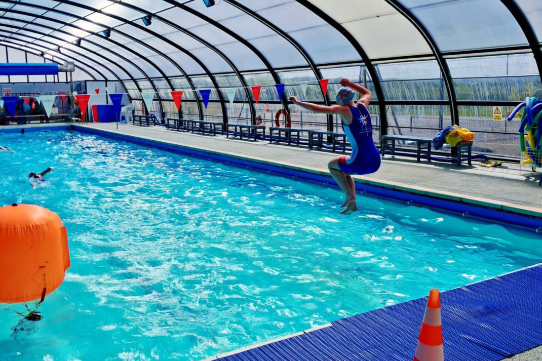 Leweston Student Triathle jumping into pool