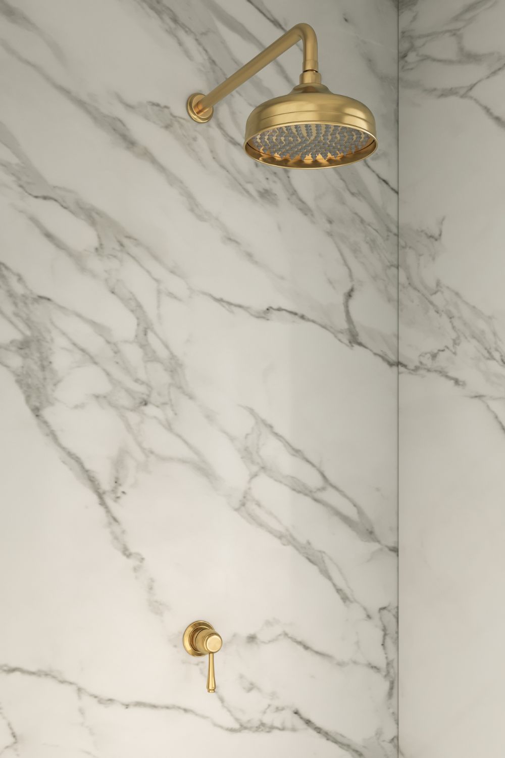 Vintage-inspired gold shower head in white marble shower