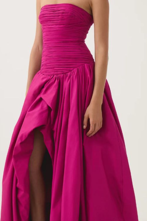 Hot pink bandeau maxi bubble dress with a slit skirt