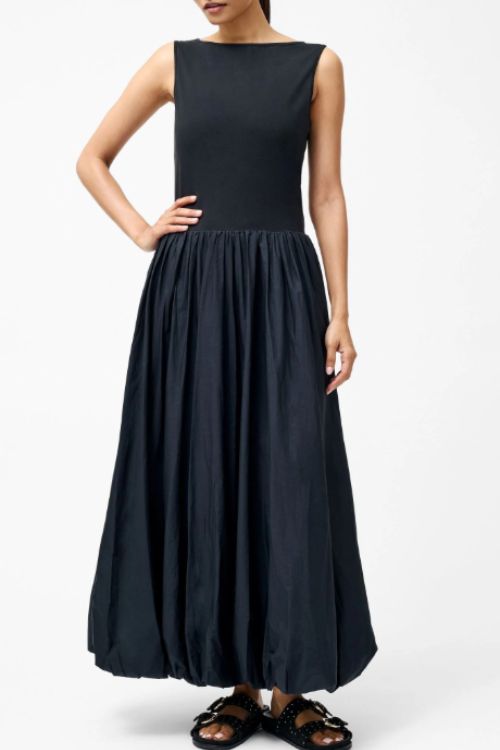 Black boat neck jersey bubble hem maxi dress
