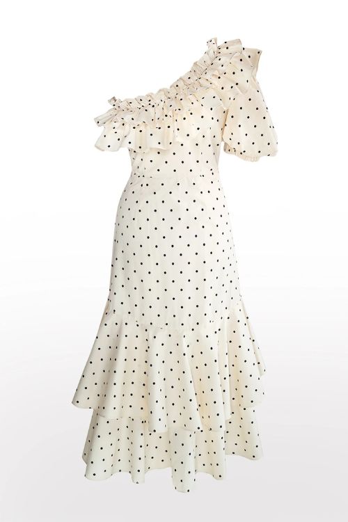 One shoulder ruffle polka dot dress