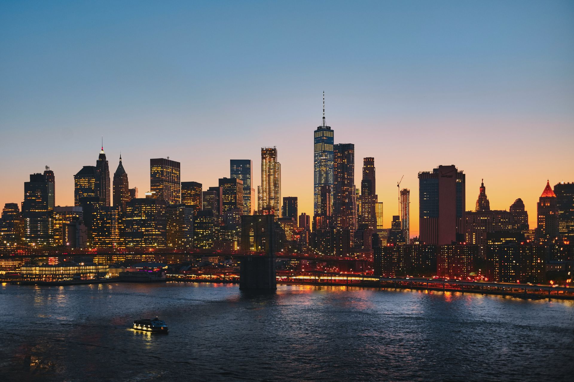 The New York skyline at dusk