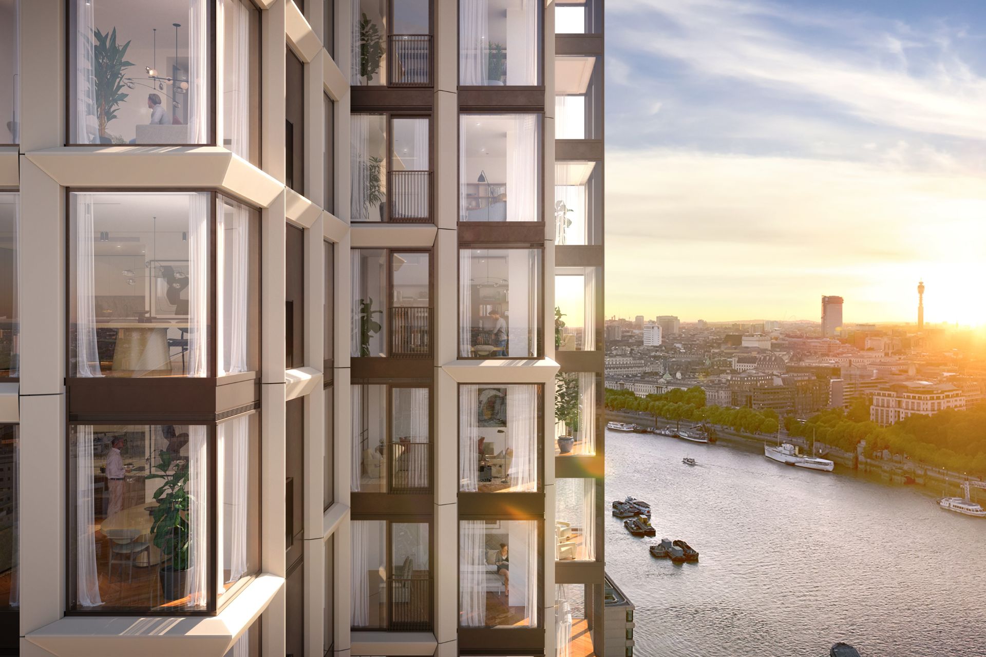 Render of an interlocking London skyscraper with floor-to-ceiling apartment windows