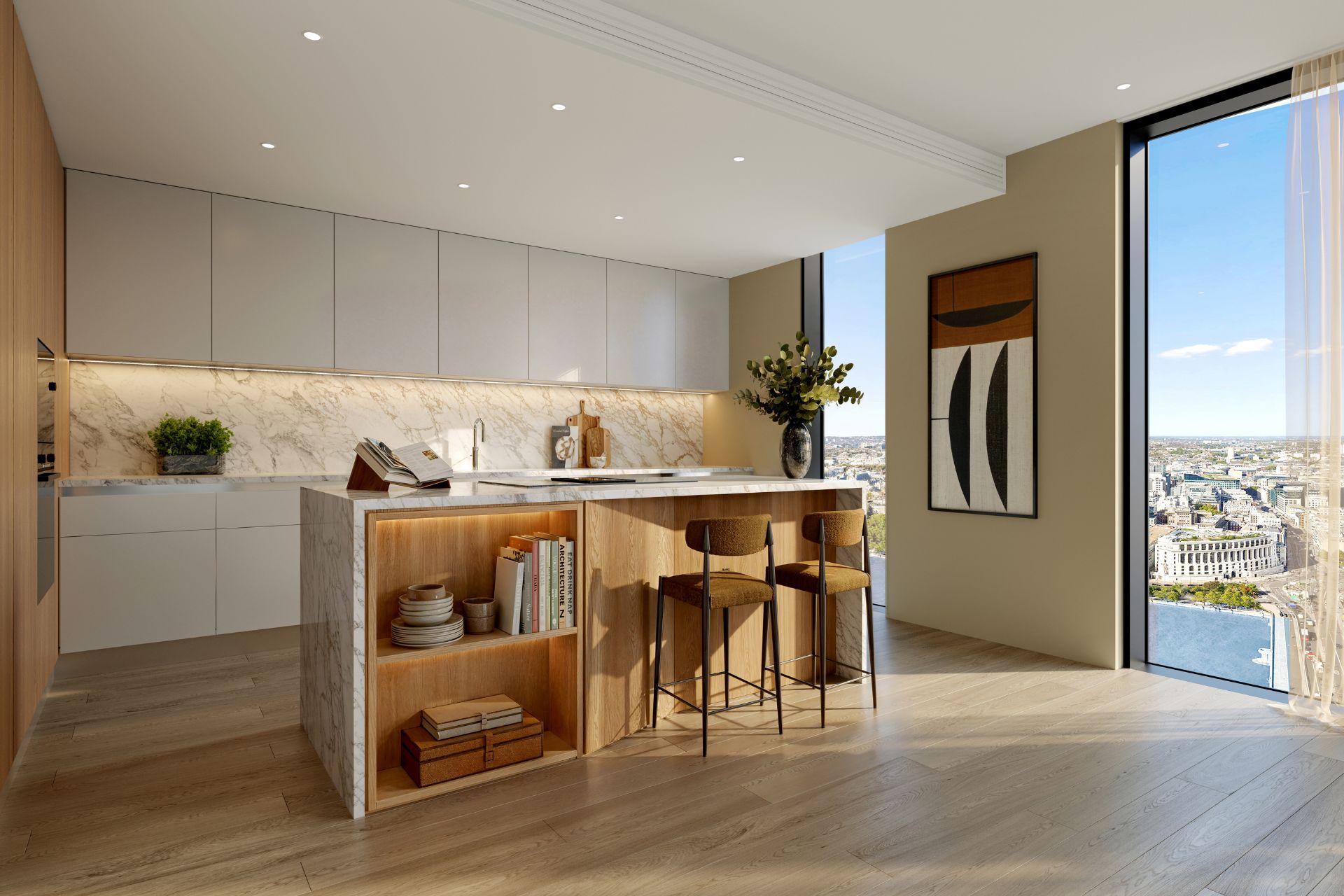 Render of an apartment kitchen with white cabinets, pale oak accents, and white marble splashbacks