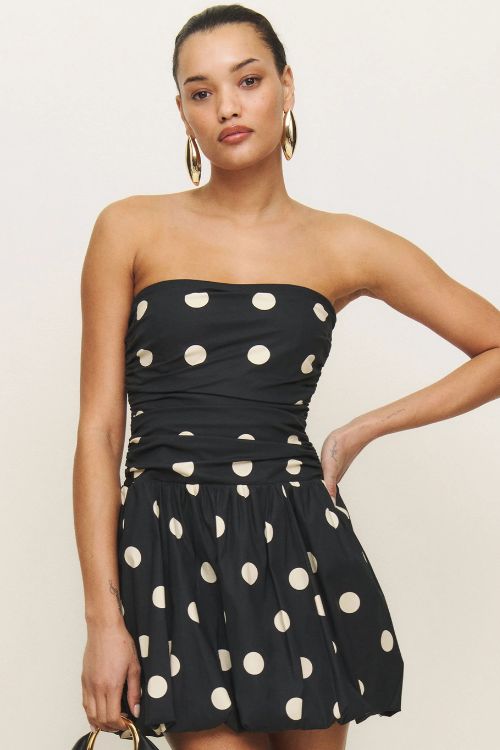 Black and white polka dot puffball mini dress