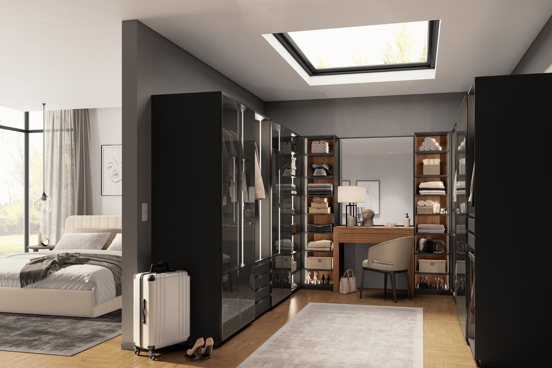 Bedroom with separate walk-in wardrobe and large skylight