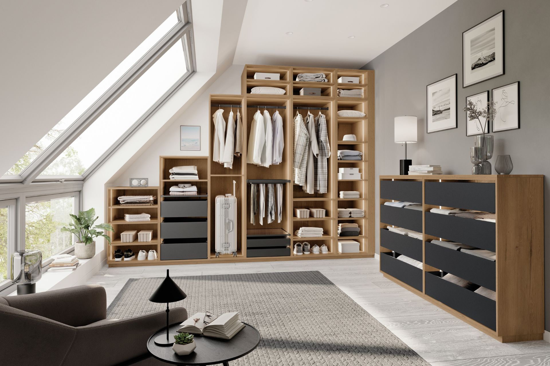 Attic room with skylight and built-in wardrobes