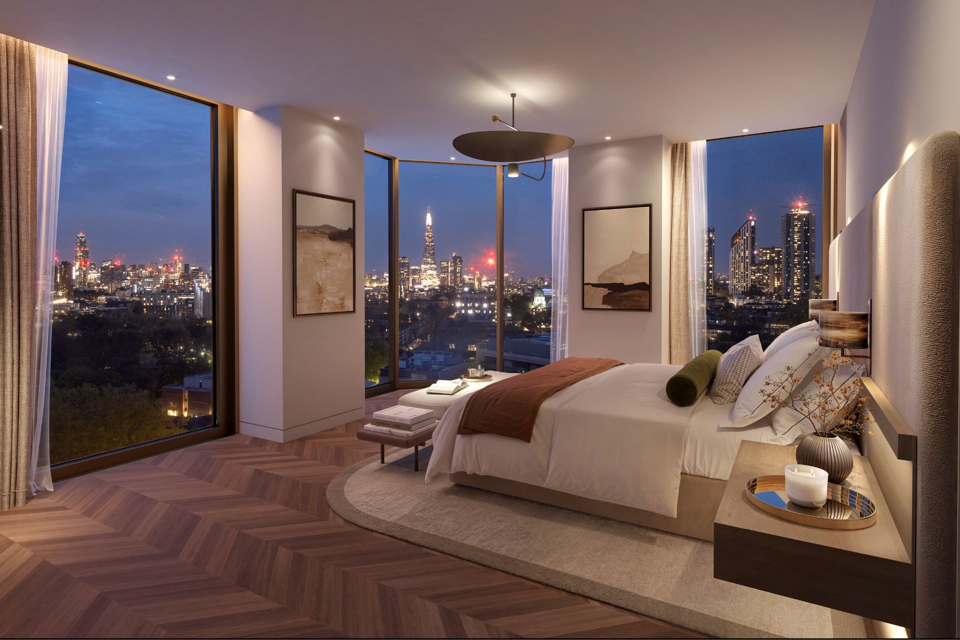 CGI render of penthouse bedroom with floor-to-ceiling windows, timber chevron floors, and white bedding