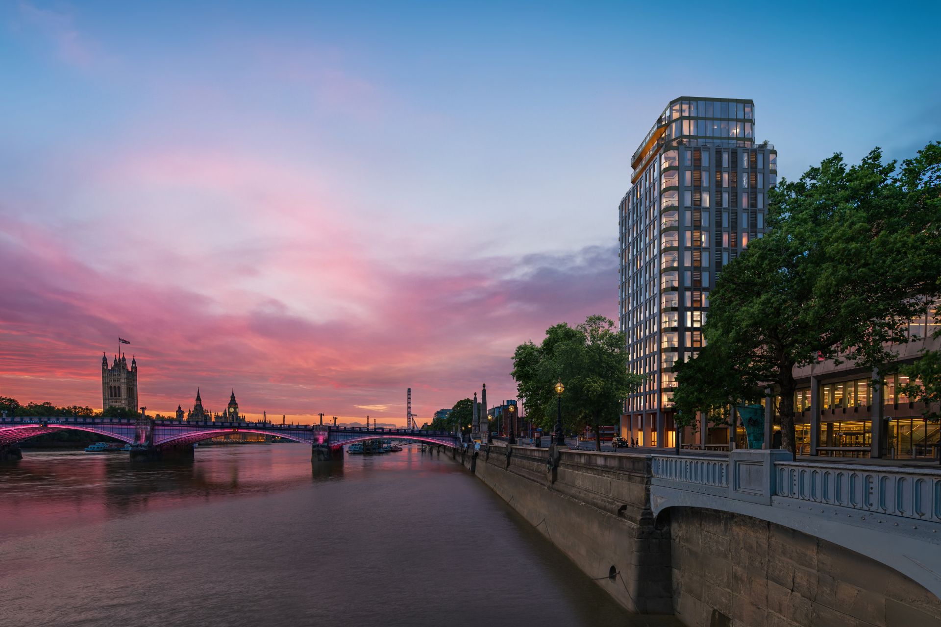 CGI render of new Albert Embankment skyscraper at sunset