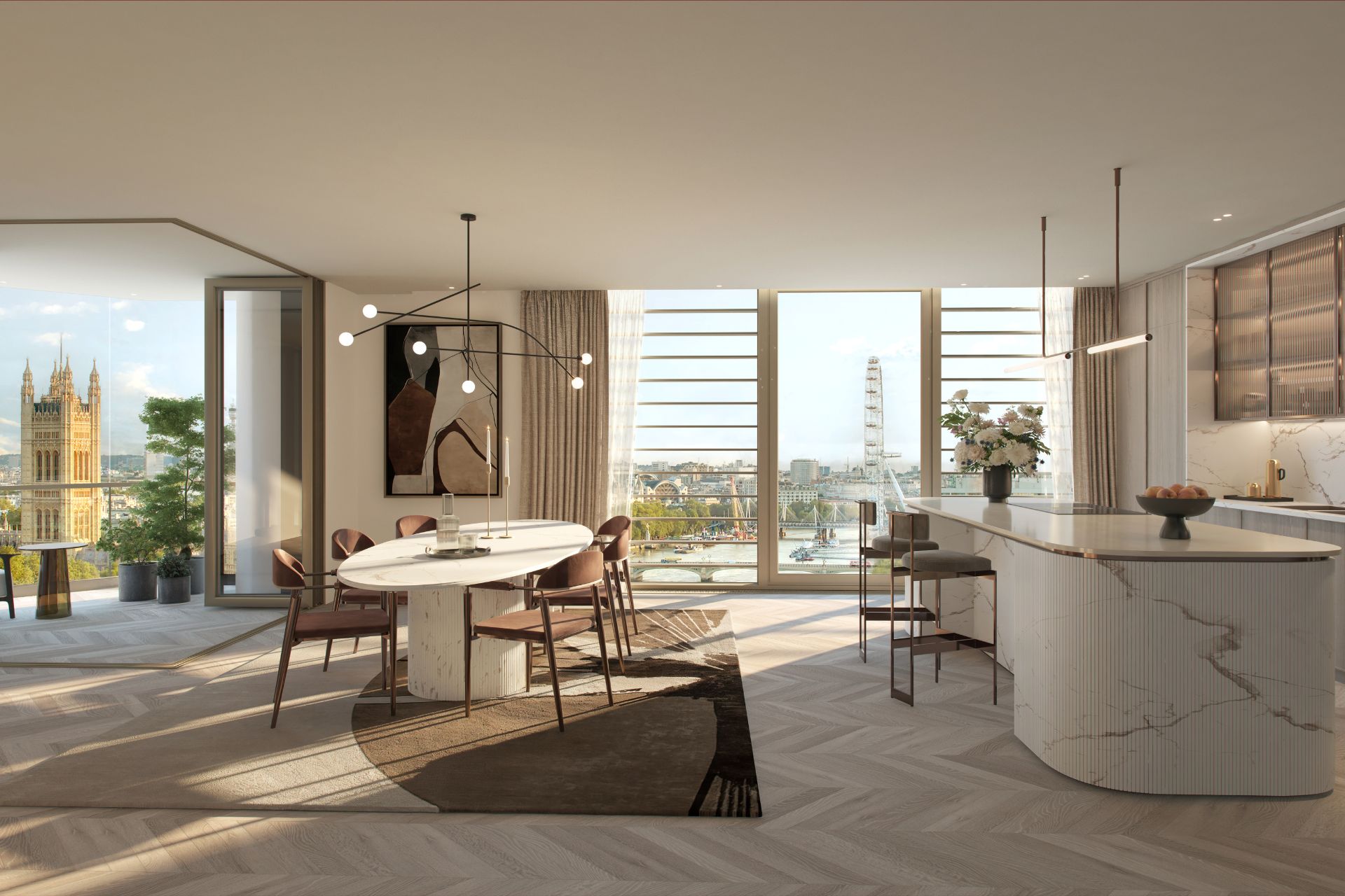 CGI render of apartment kitchen with white units, marble worktops and timber chevron floors