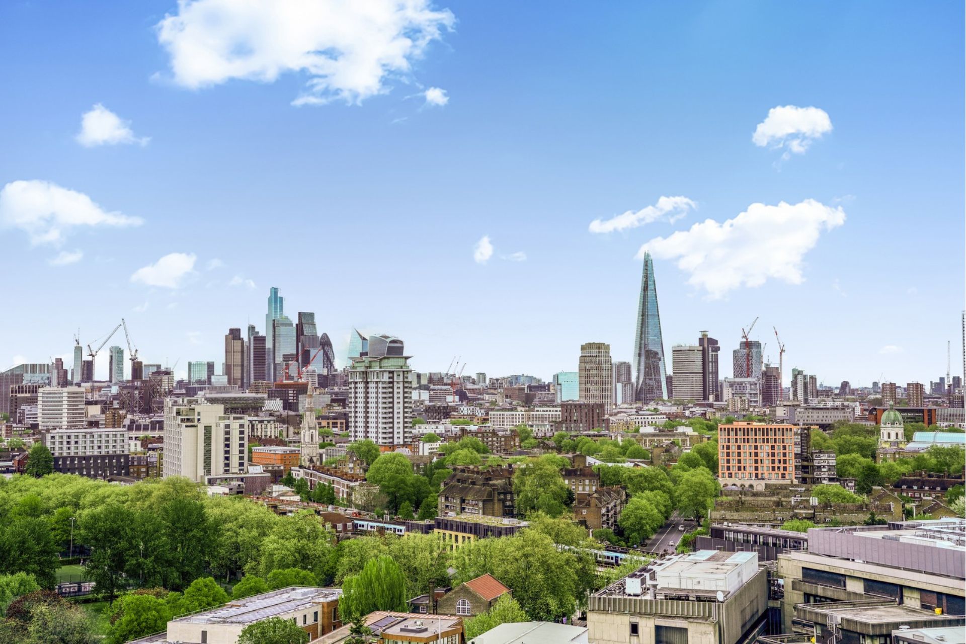 View of the London skyline, including The Shard, on a sunny day