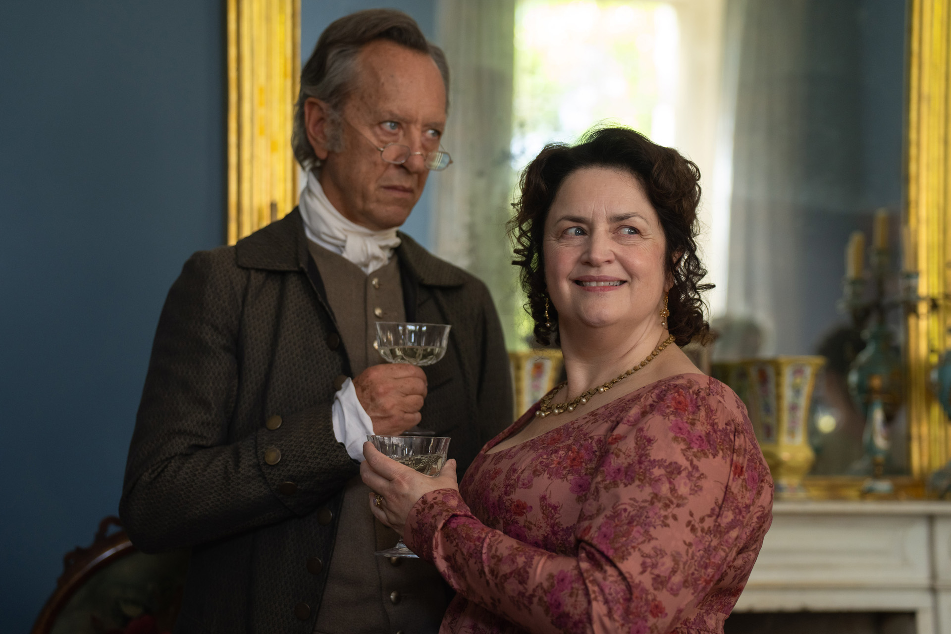 Richard E Grant and Ruth Jones as Mr and Mrs Bennet