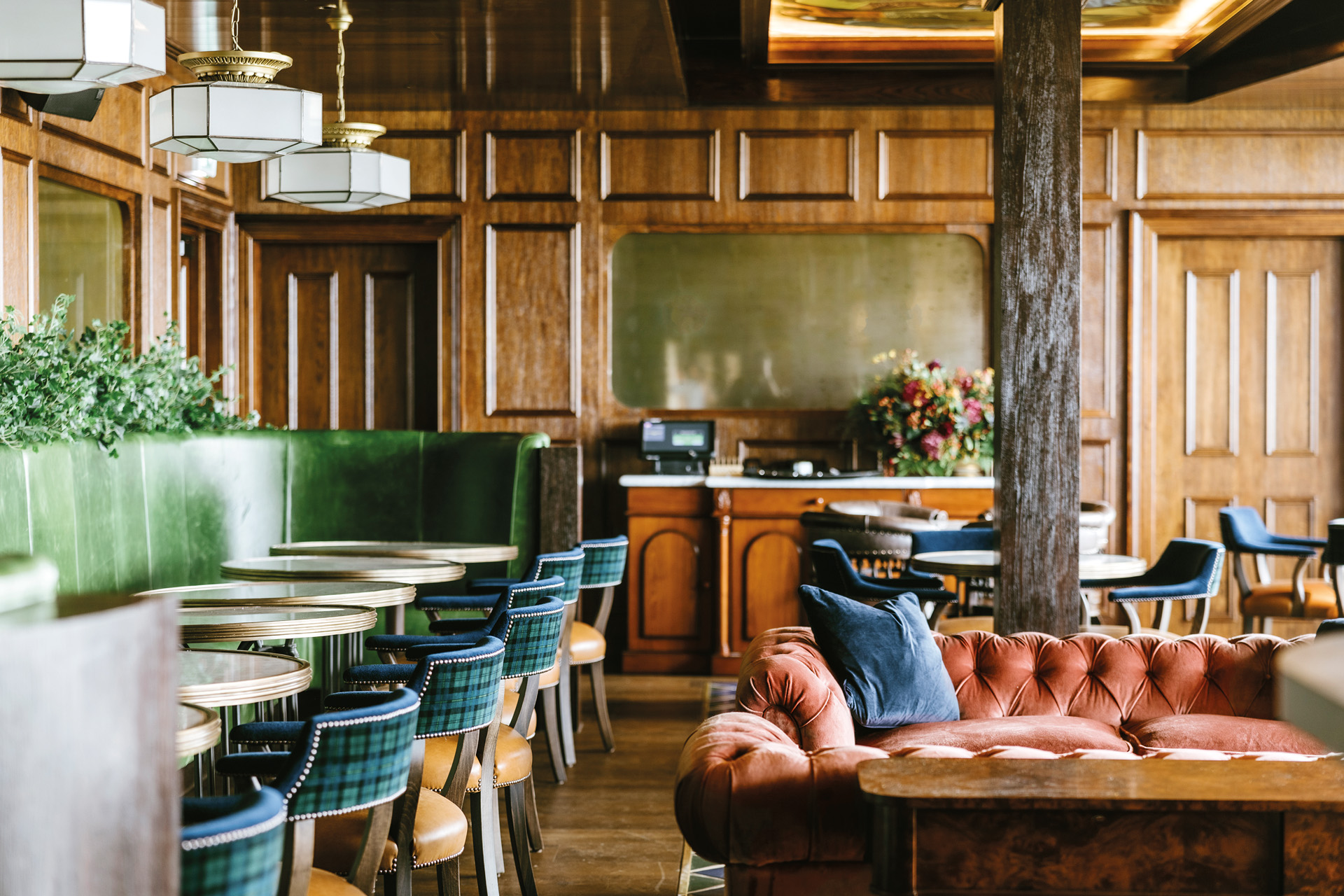 A wood paneled dining room