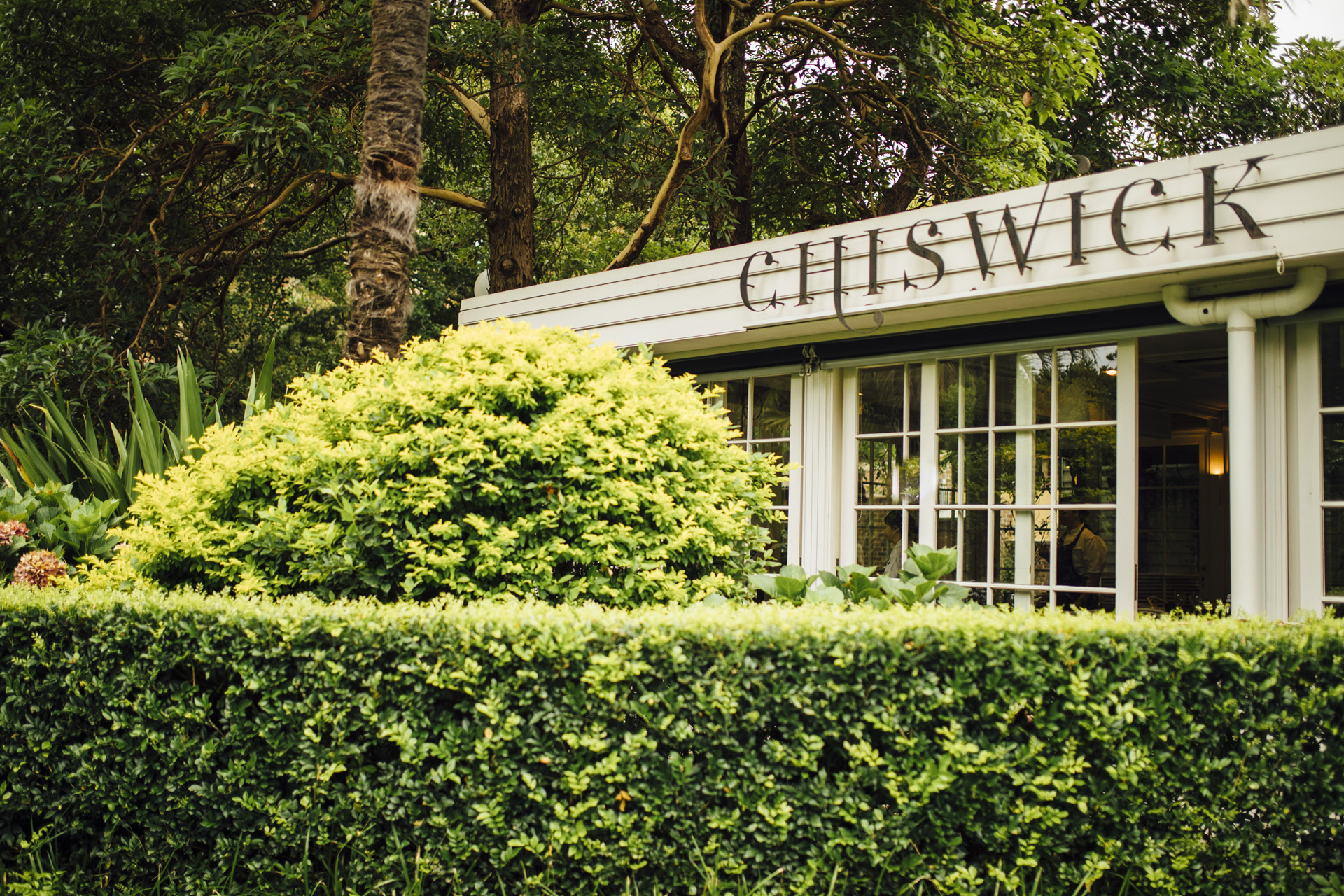 A green hedge in front of Chiswick