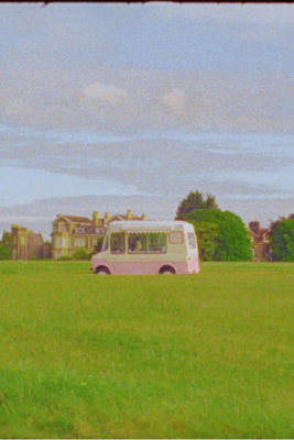 Pink van in distance