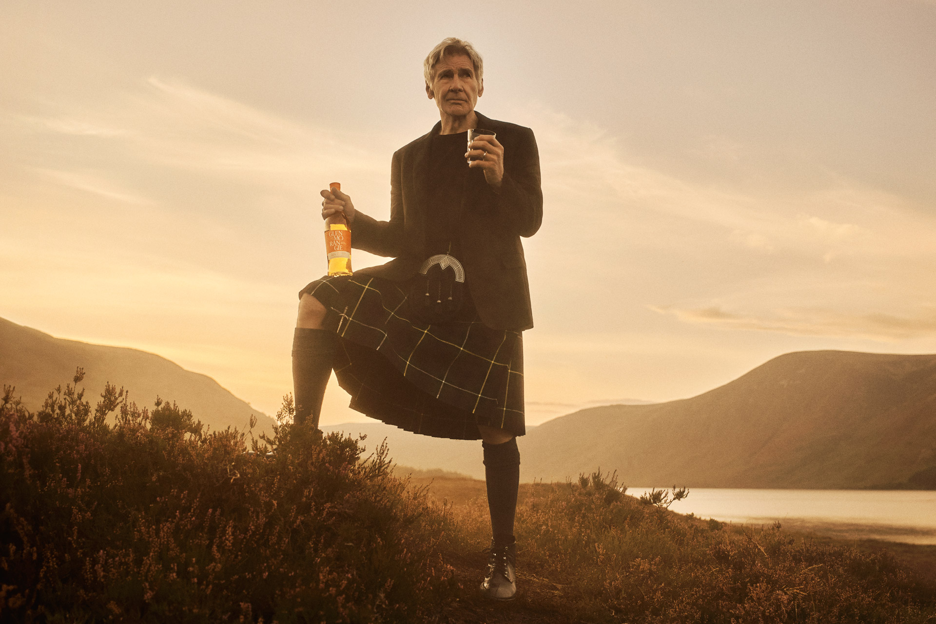 Harrison Ford posing in a kilt