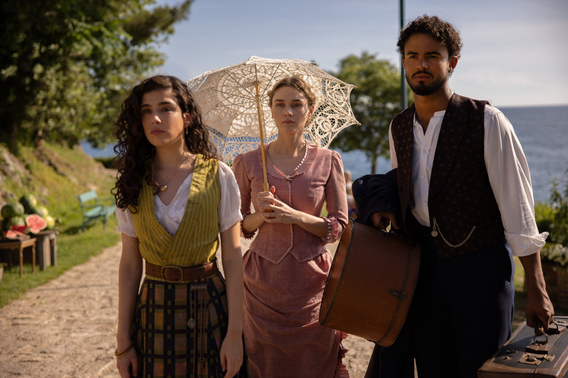 (L to R) Grace Ambrose, Imogen Waterhouse and Matthew Broome in The Buccaneers season 2