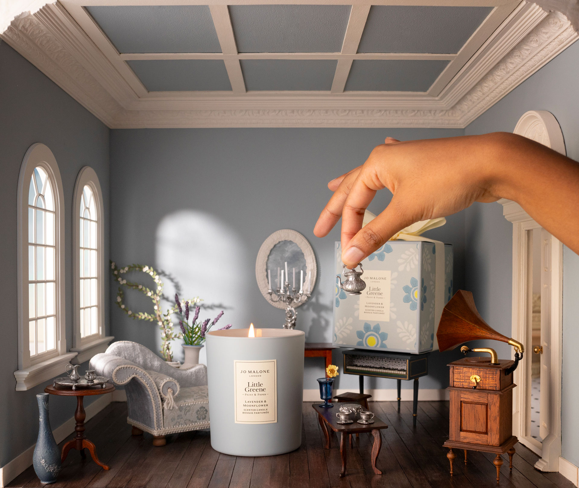 Tranquil mood-paired candle in a study room, in miniature proportions