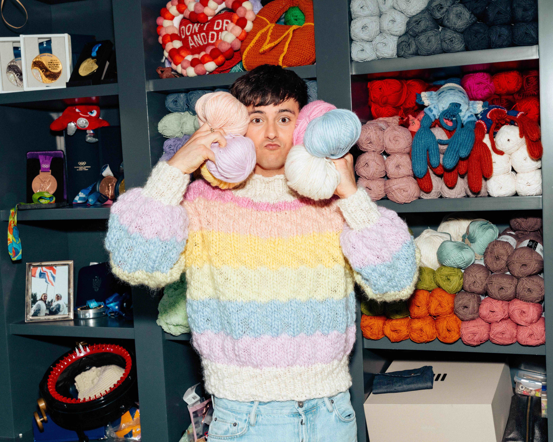 Tom Daley wearing knit kit jumper