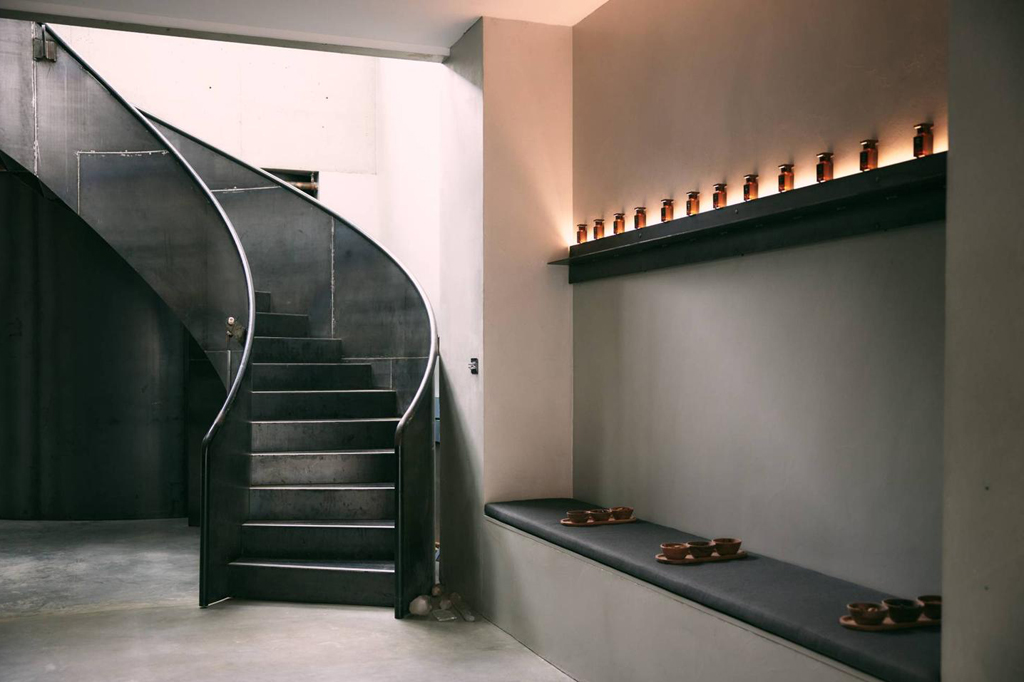 A statement staircase in a spa reception