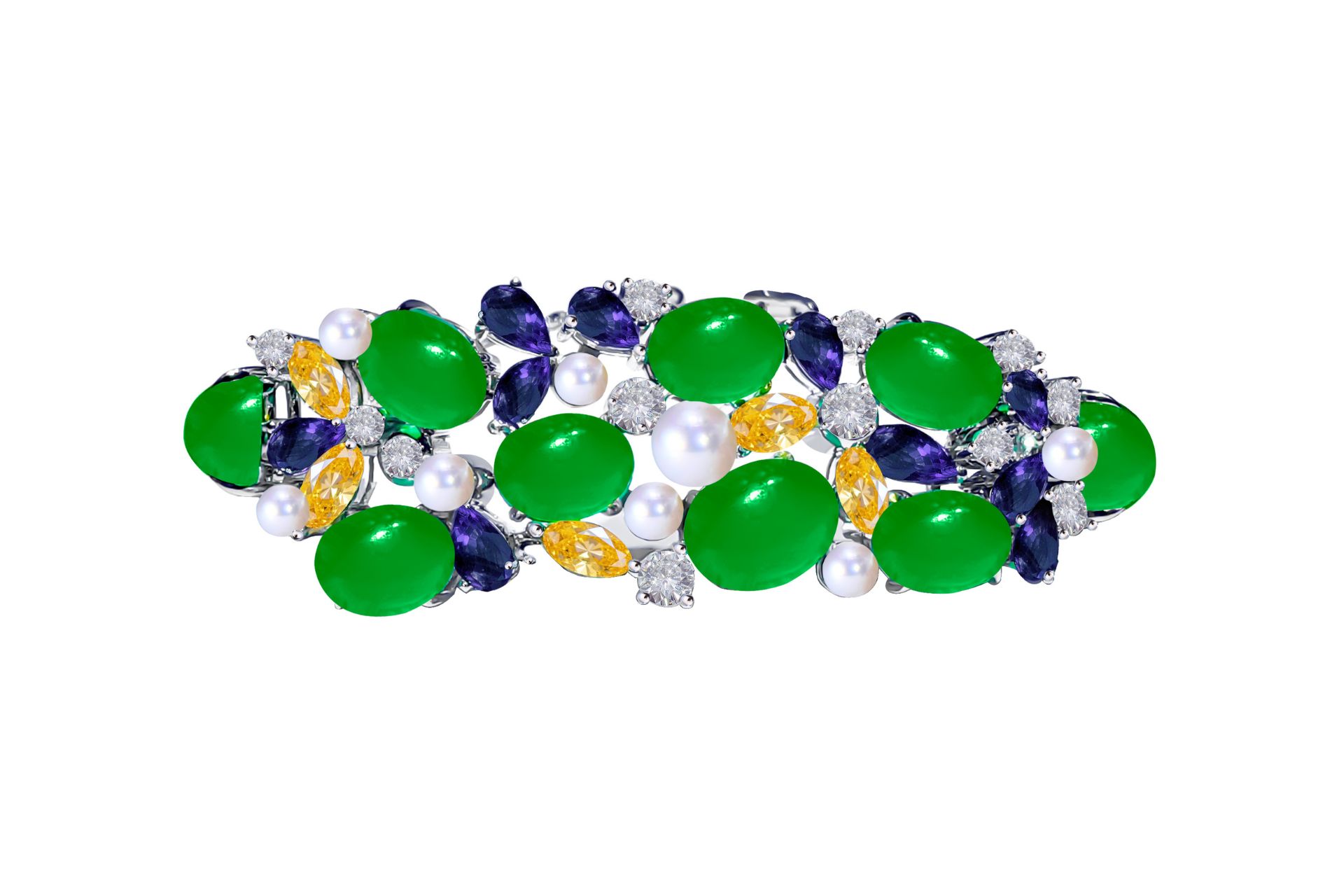 Bracelet made of oval-shaped jade surrounded by diamonds and sapphires