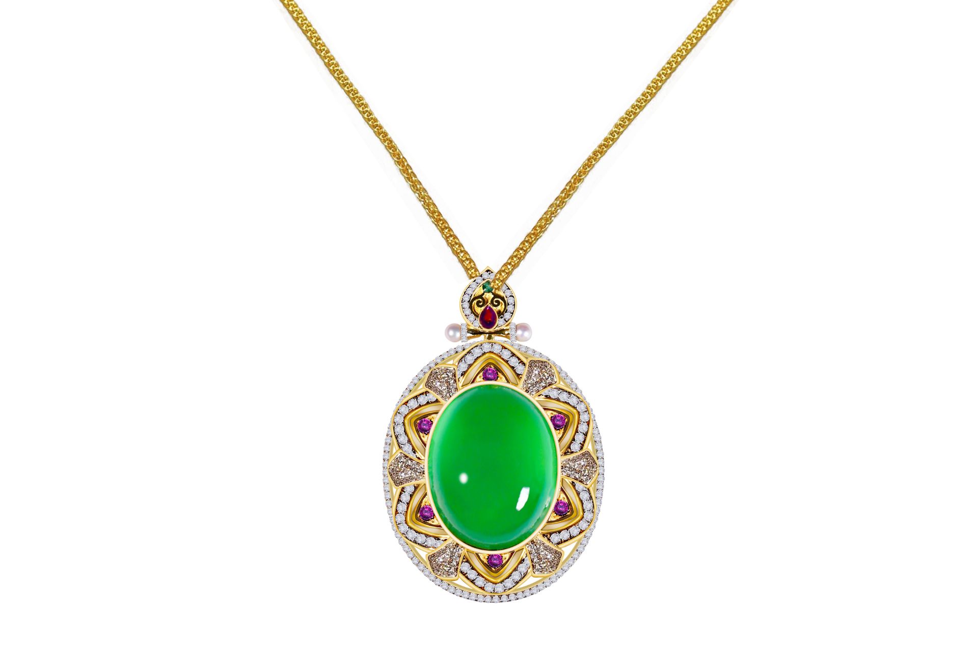 Gold necklace with jade stone surrounded by diamonds and rubies