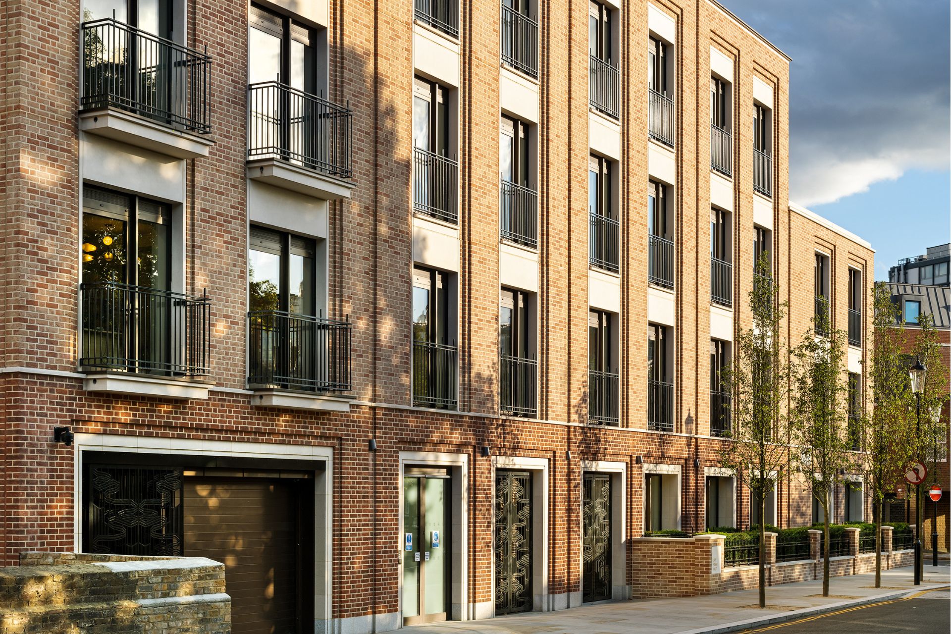 Exterior of modern brick building with black-framed windows