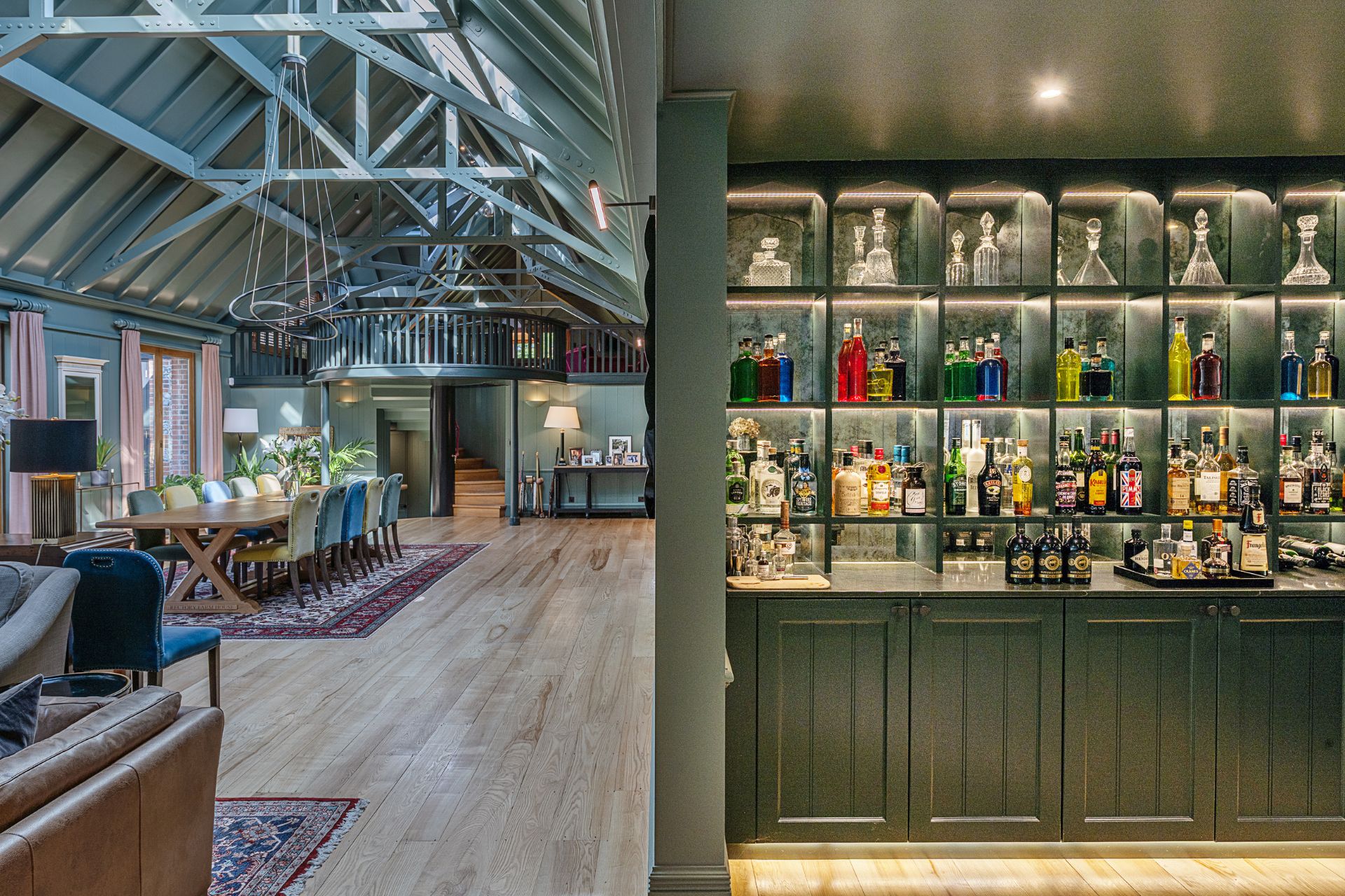 Large vaulted reception room with built-in cocktail bar