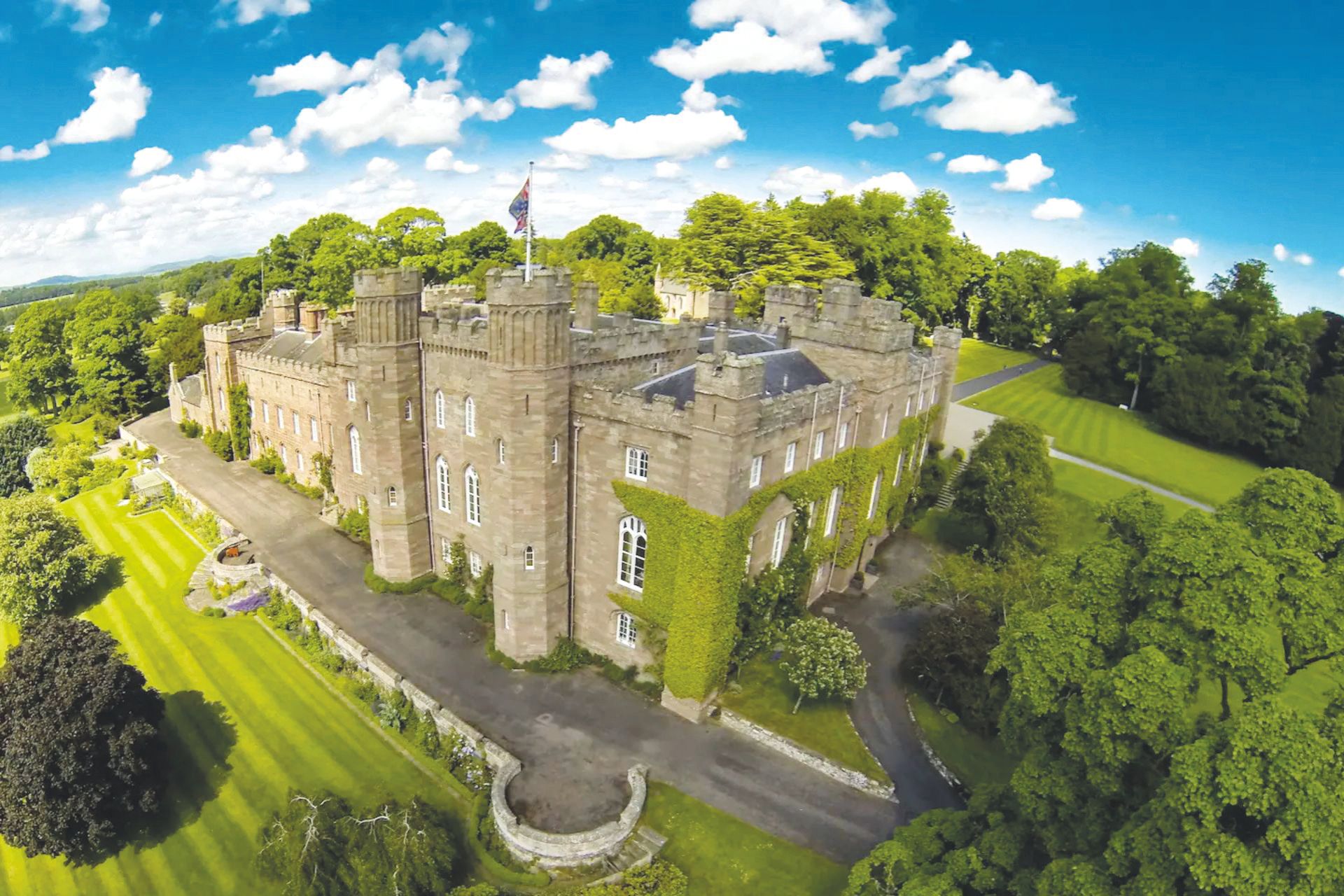 Aerial view of stone castle