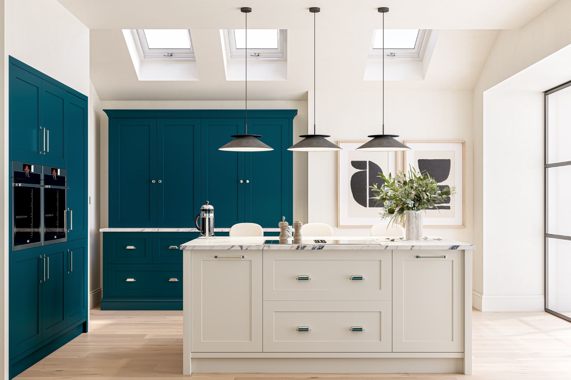 Kitchen with teal cabinets, integrated ovens, and a white central island