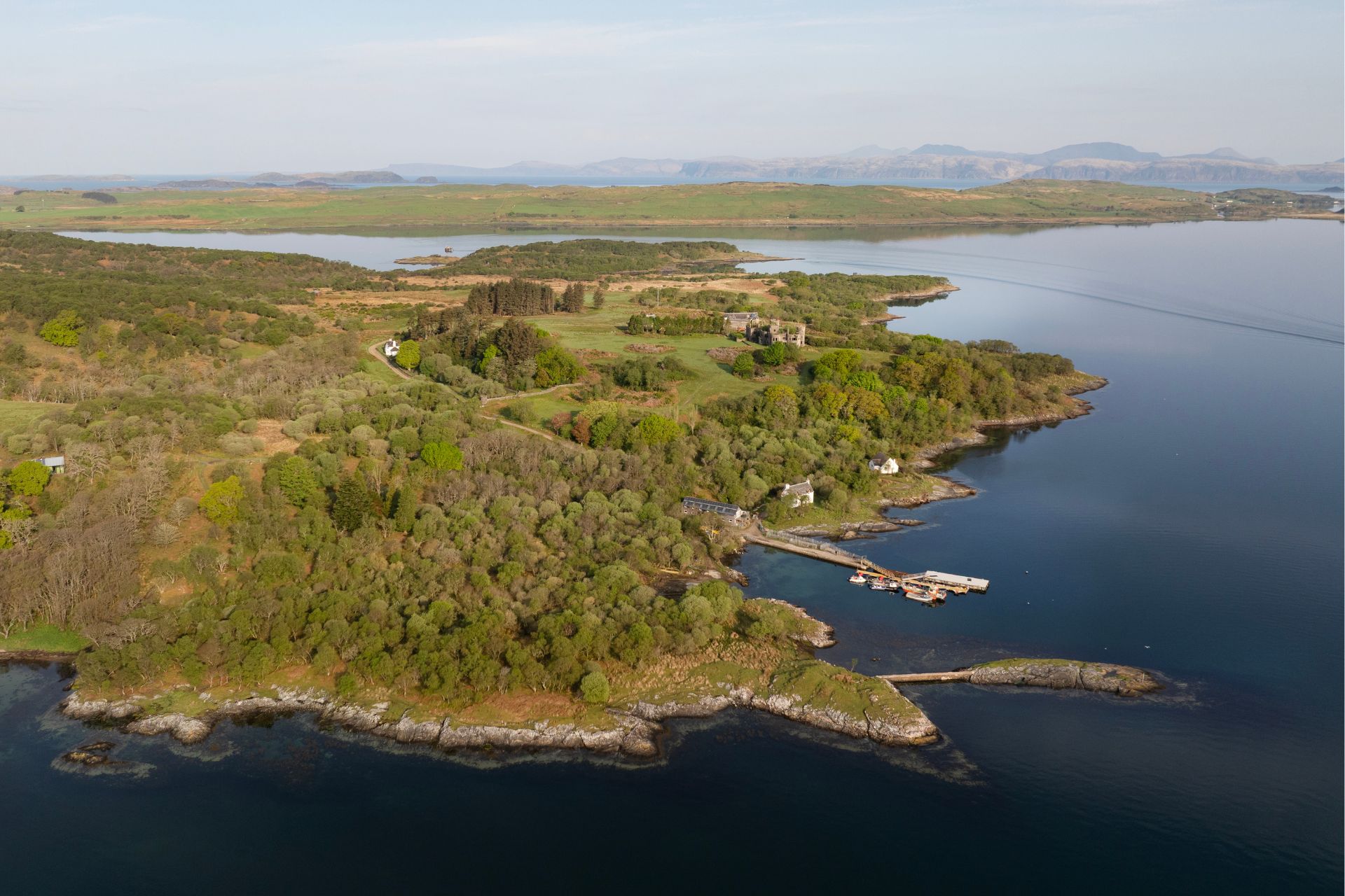 Aerial view of Scottish island with woodland
