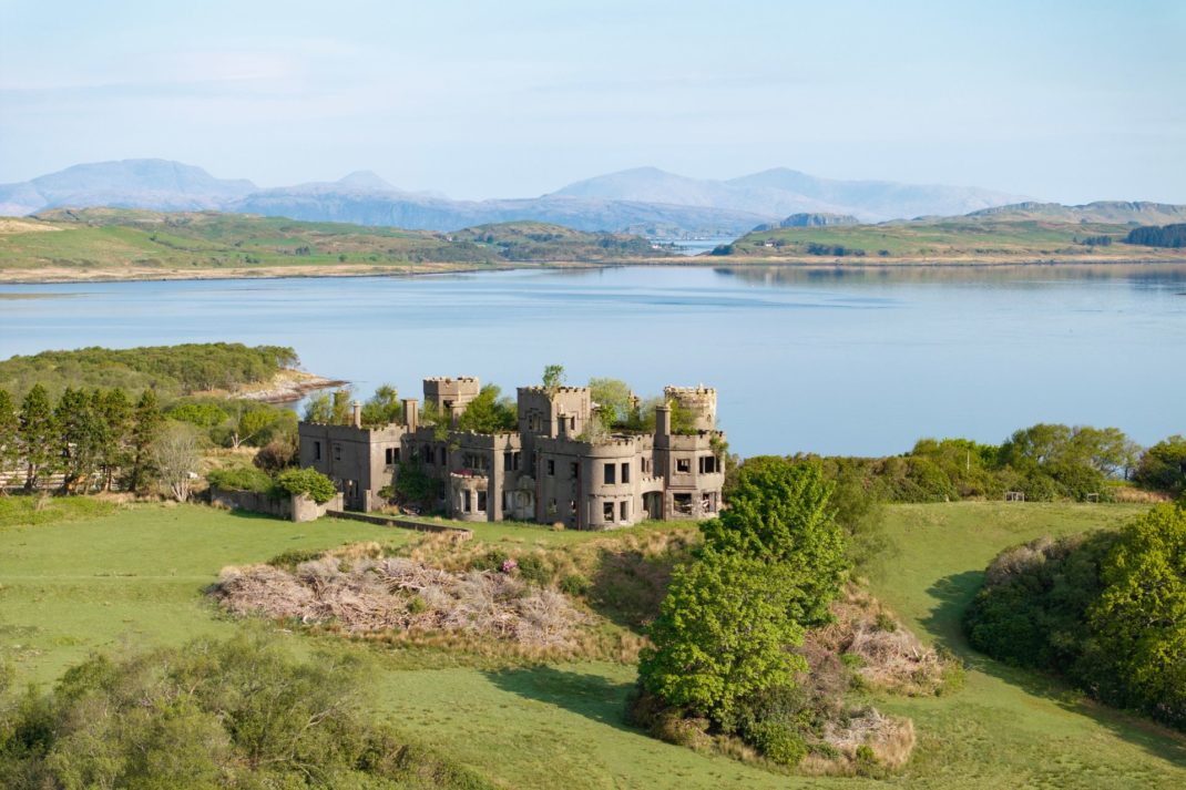 Aerial view of castle on Scottish island