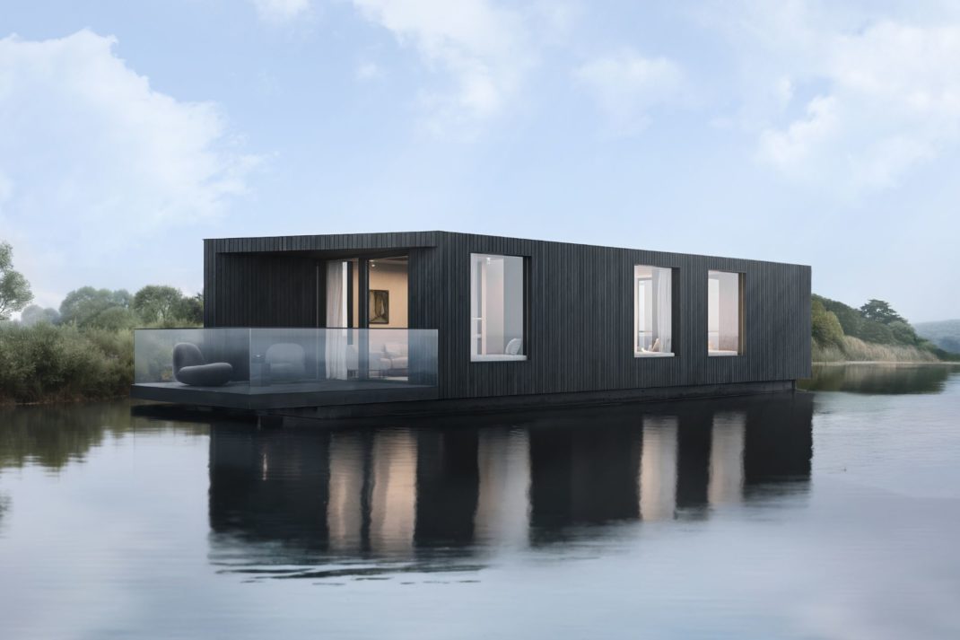 CGI rectangular houseboat with black cladding and floor-to-ceiling windows