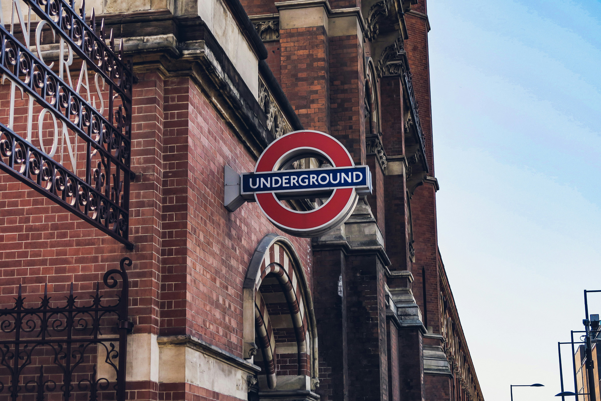 The London Underground roundel outside St Pancras
